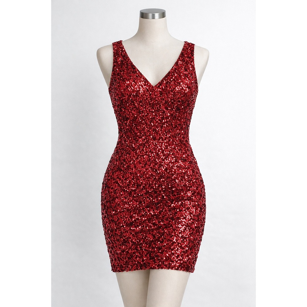 PrettyGuide Sequin Bodycon Dress Women S Burgundy Red V-Neck Mini Party Clubwear